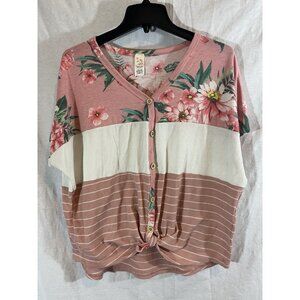 7th Day Women's Large Short Sleeve Pink Floral Blouse